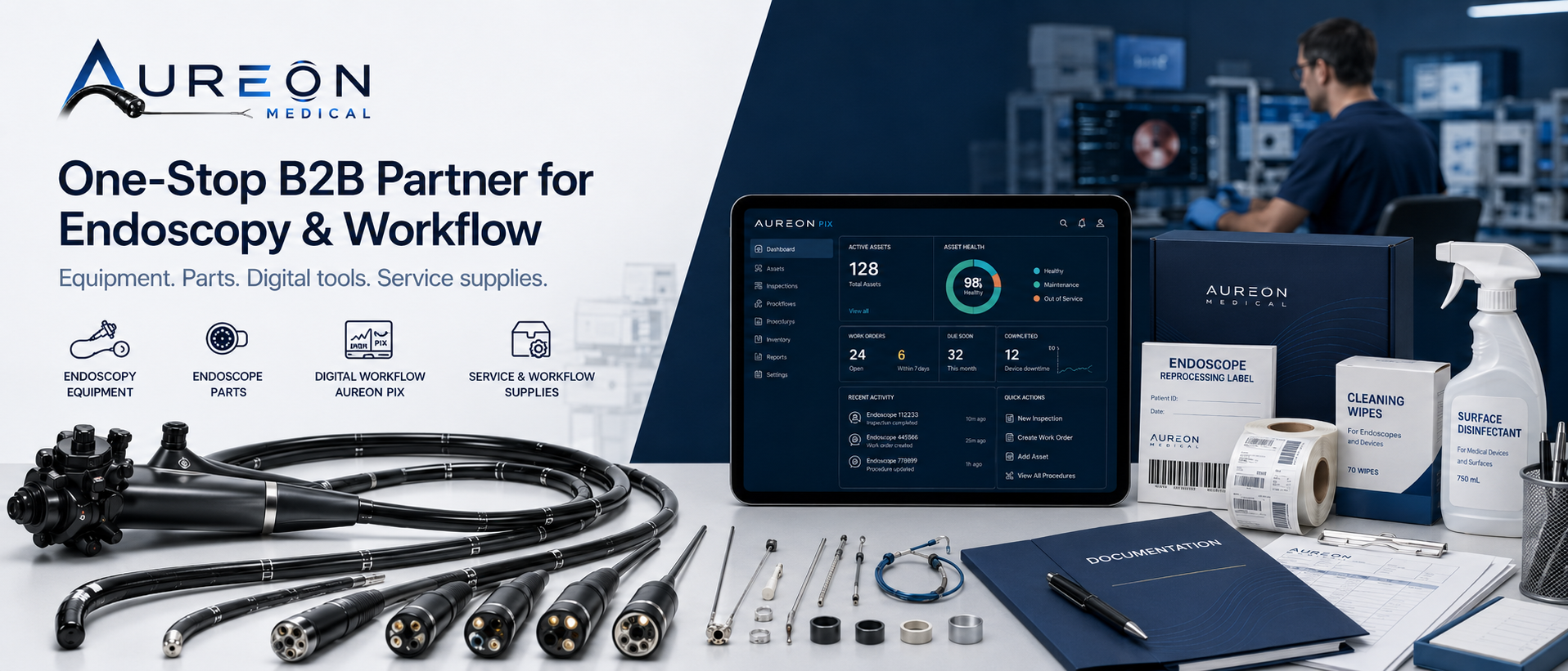Aureon Medical B2B partner for endoscopy equipment, endoscope parts, Aureon FIX service support and ACI custom intelligence